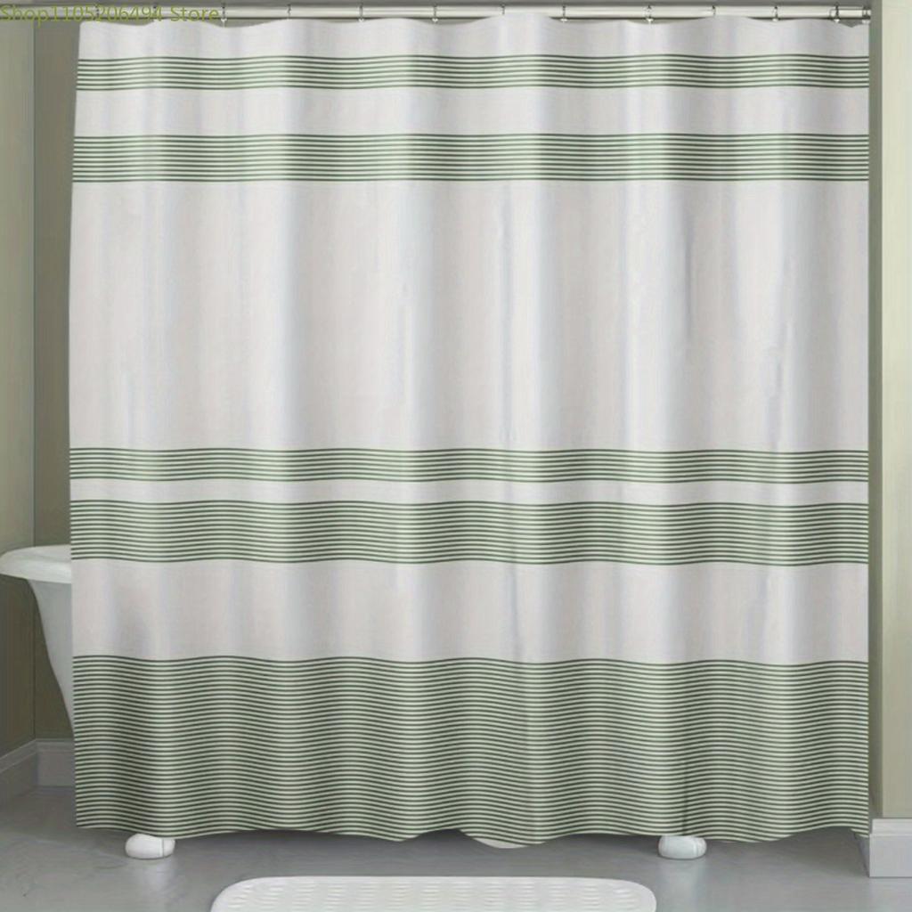 1pc Green Stripes on White Polyester Shower Curtain - Machine Washable Bathroom Decor with Hooks, Modern Minimalist Design for