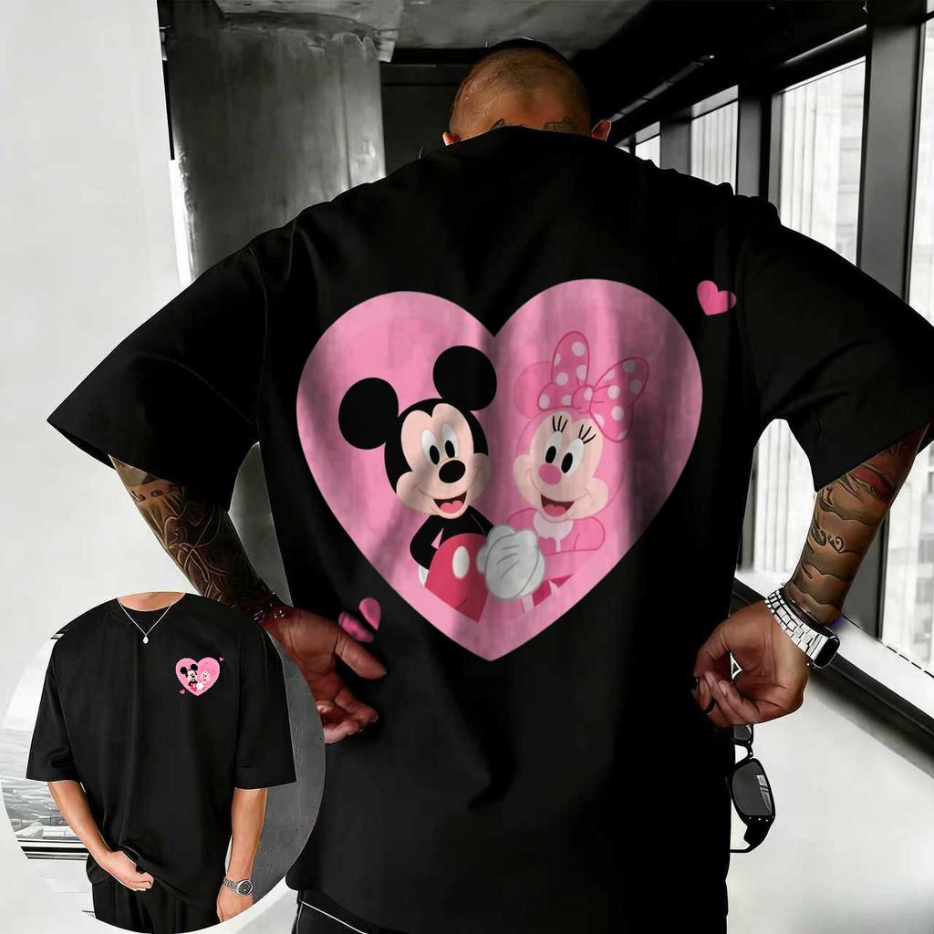 2026 Estate Disney Top a Maniche Corte Casual Largo Traspirante in 100% Cotone da Uomo Street Fashion con Mickey e Minnie