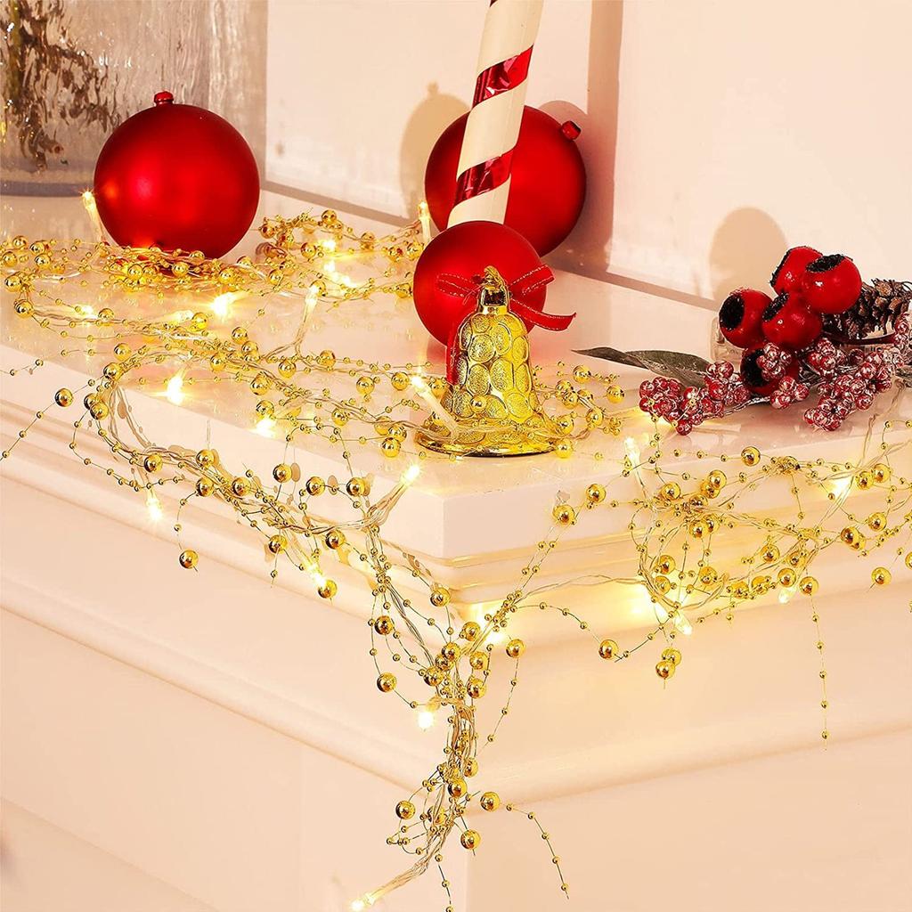 10 Feet 30 LED Christmas String Light Metal Berry Beaded Garland Indoor For Fireplace Mantel Indoor Xmas Tree Christmas Decorations(Gold)