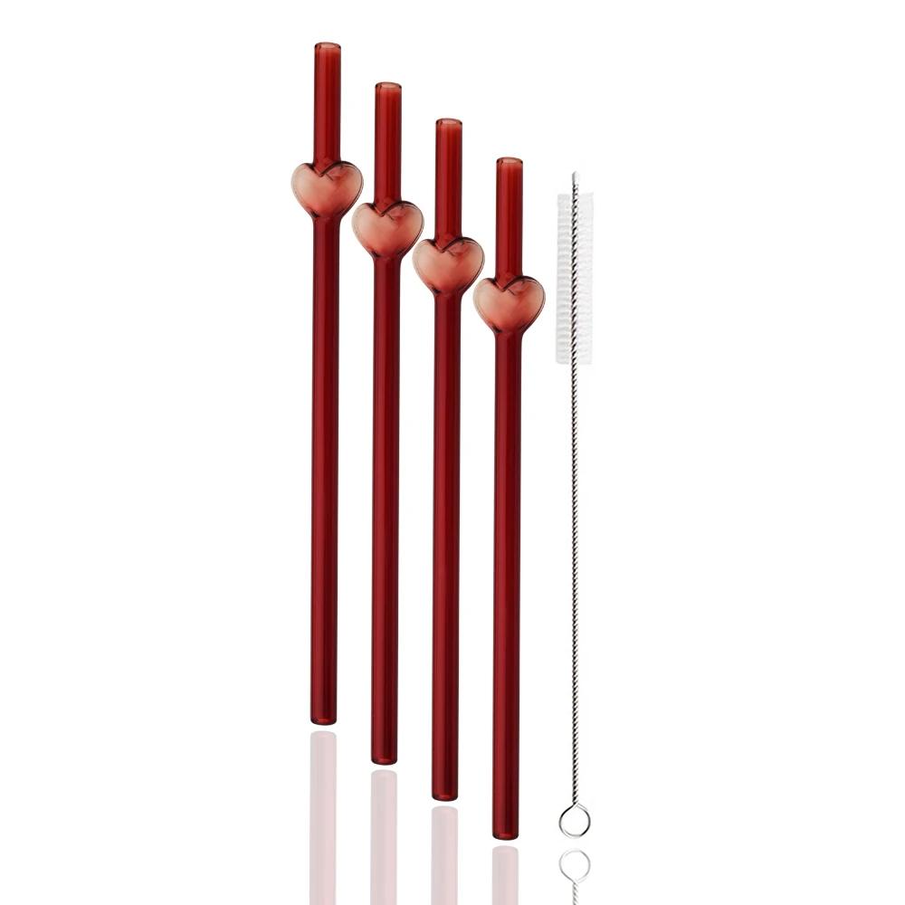 4Pcs Heart Reusable Glass Straws Eco-friendly Drinking Straws for Smoothie Milkshakes Tea Juice Cocktail Straw with 1 Brush