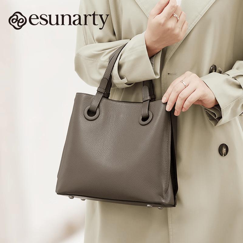 ESUNARTY 2026 Top-Grain Leather Bucket Handbag