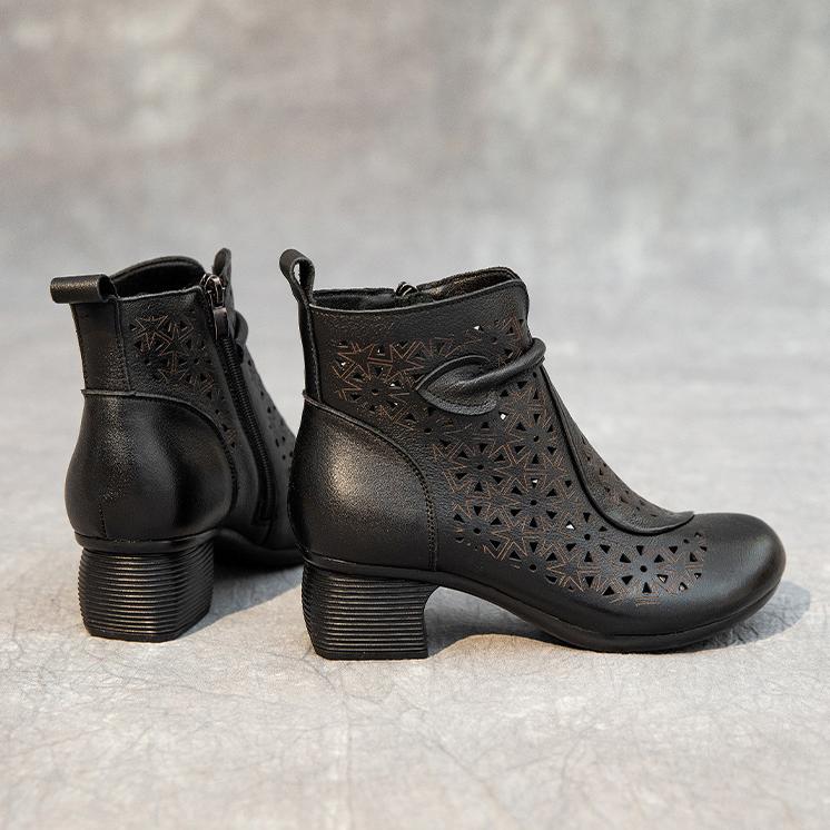Johnature Hollow Out Boots Genuine Leather Retro Ethnic Style Soft Sole Thick Heel Breathable Women's Shoes