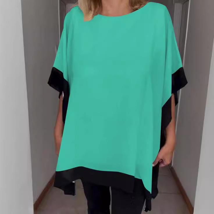 Women s Solid Color Patchwork Batwing Sleeve T-Shirt, Round Neck, Loose Fit. M зелёный