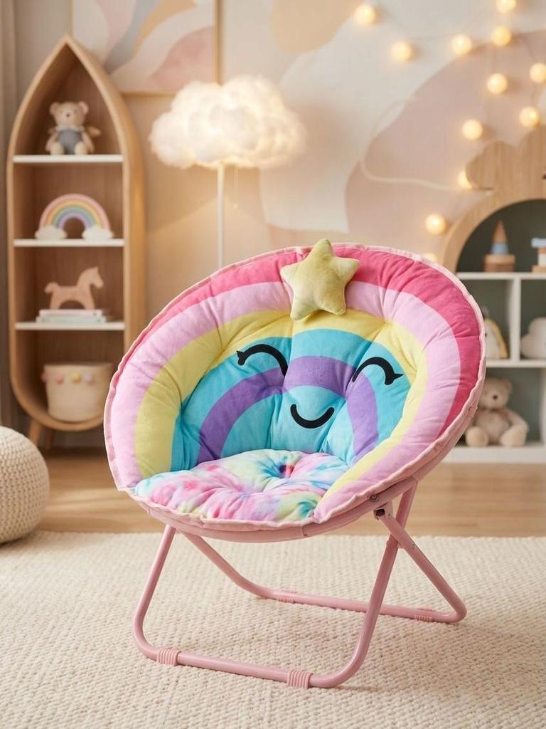 Children's Foldable Plush Moon Chair - Portable Cartoon Backrest for Outdoor Parties and Beach Picnics