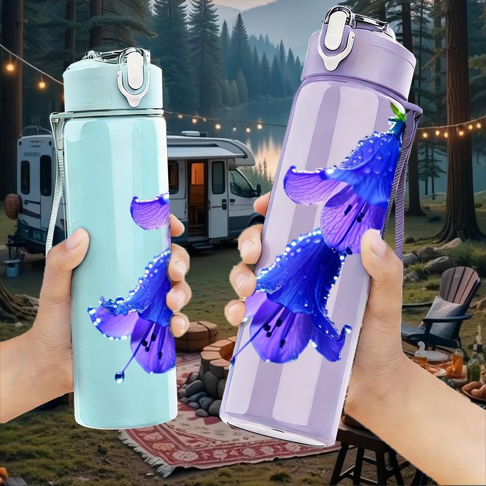 1PC Blue Purple Bell Orchid Flower Print 750ml Color Plastic Sports Water Bottle Leakproof Flip Straw Lid Suitable for Sports Office Home Use