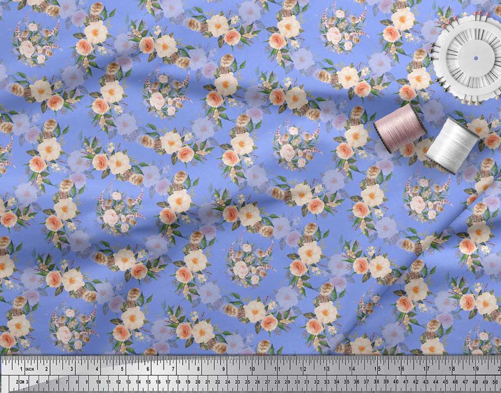 Soimoi Blue Poly Crepe Fabric Begonia & Peony Floral Print Fabric by the Yard 42 Inch
