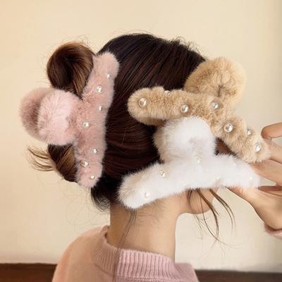 Women Hair Claw Faux Pearls Decor Plush Wrapped Hair Clip Anti-slip Teeth Back Head Hair Clamp Hair Accessories