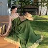 Island Vacation Design Sense, Big Swing, Retro Green Pleated Lace Suspender, Beautiful Long Skirt, Elegant Temperament