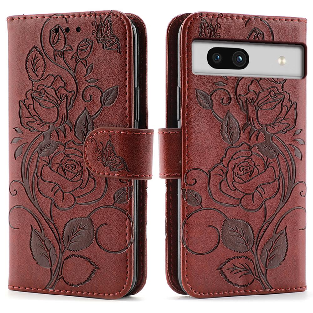 For Google Pixel 7a Case Wallet Stand Imprinted Rose Butterfly PU Leather Phone Cover