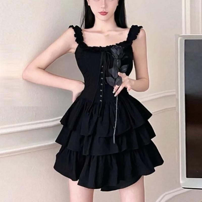 Primavera 2026 Lolita Kawaii Abito Sottoveste Soft Girl Goth Harajuku Monospalla Senza Schiena Sexy Nero Balze Abiti da Festa Y2k