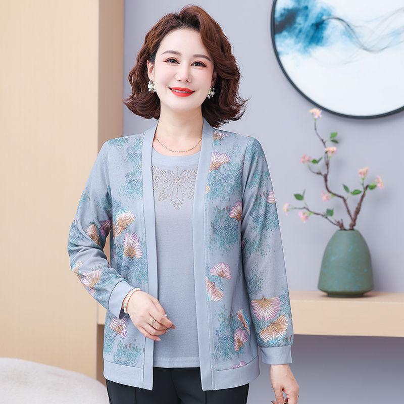 2PCS Knitted Tops Set Women Thin Knitted Cardigan Printed Short Sleeve Knitted T-Shirt Plus Size Open-front Knitted Jacket T-Shirt Outfits