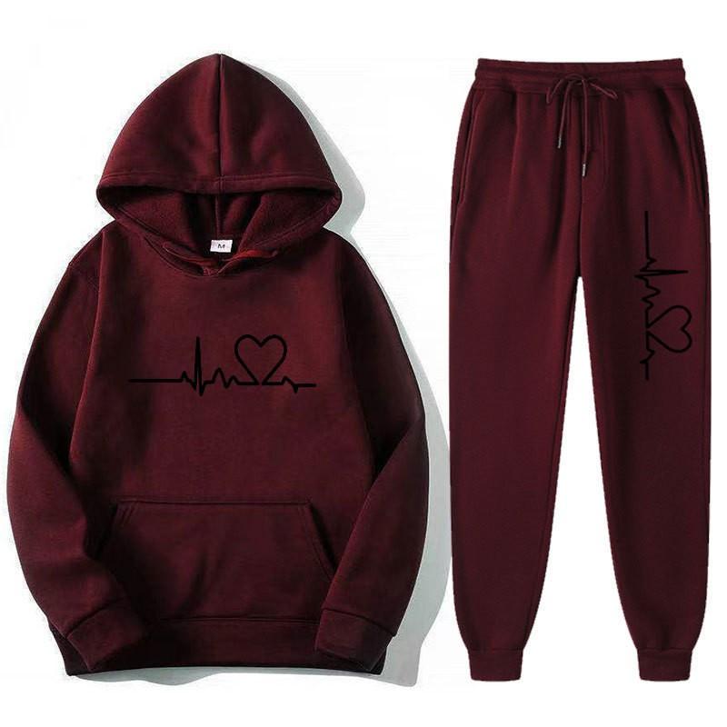 Unisex Oversized Hooded Sweatshirt Set With Heart Print Fleece Lined Casual Sportswear Fall