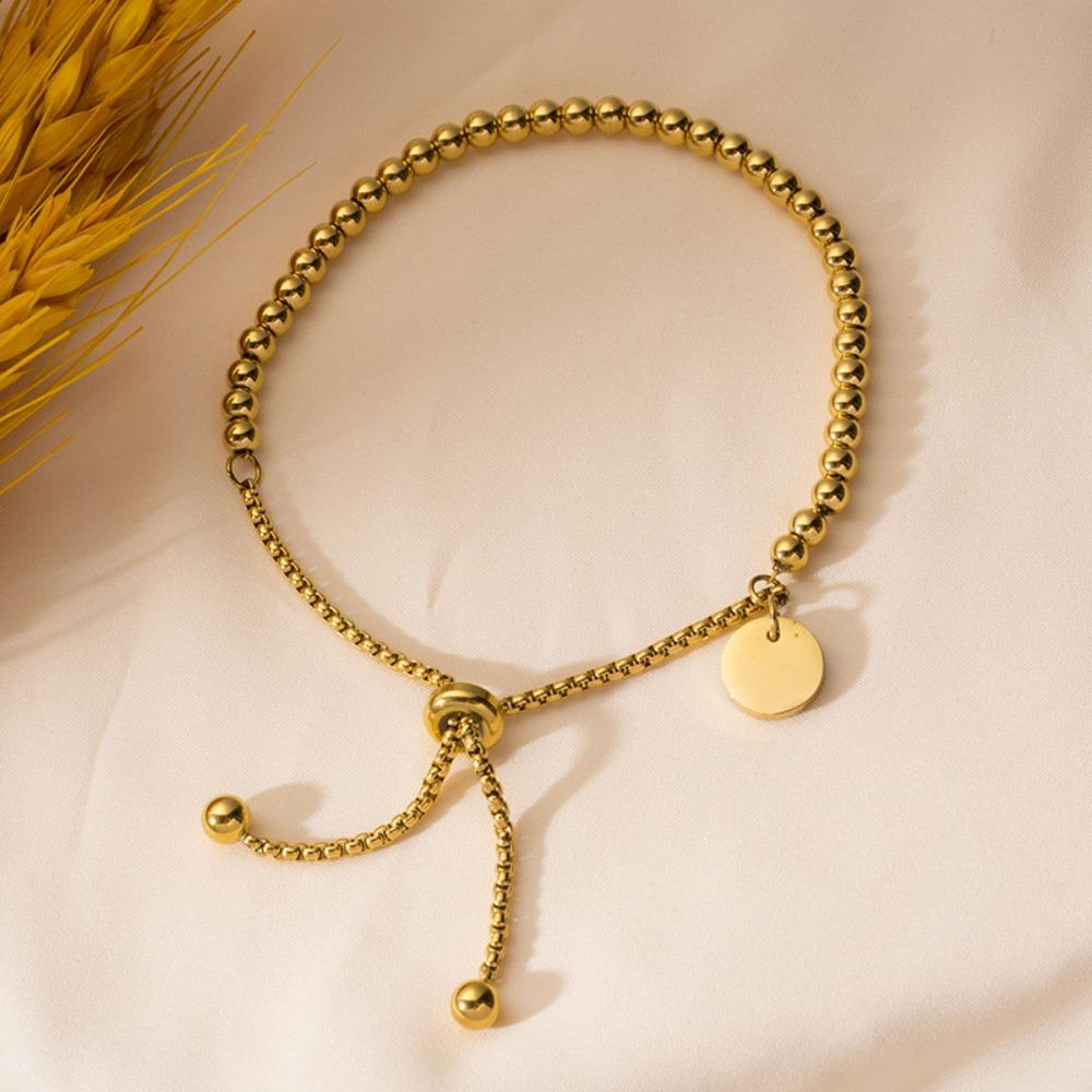 

New Classic Fashion Round Card Stainless Steel Beaded Bracelet for Women Adjustable Personalized Pull-out Bangle Korean Zircon золотой