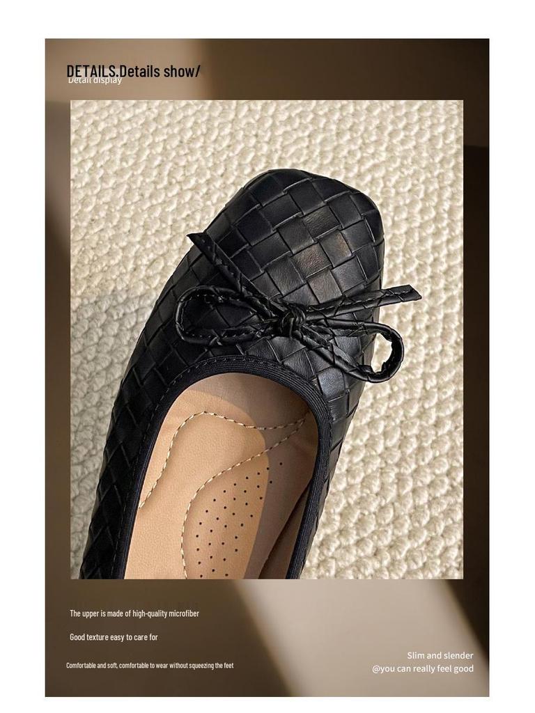 Women's Woven Bowknot Low Heels - Comfortable Square Toe Flats for Spring/Autumn