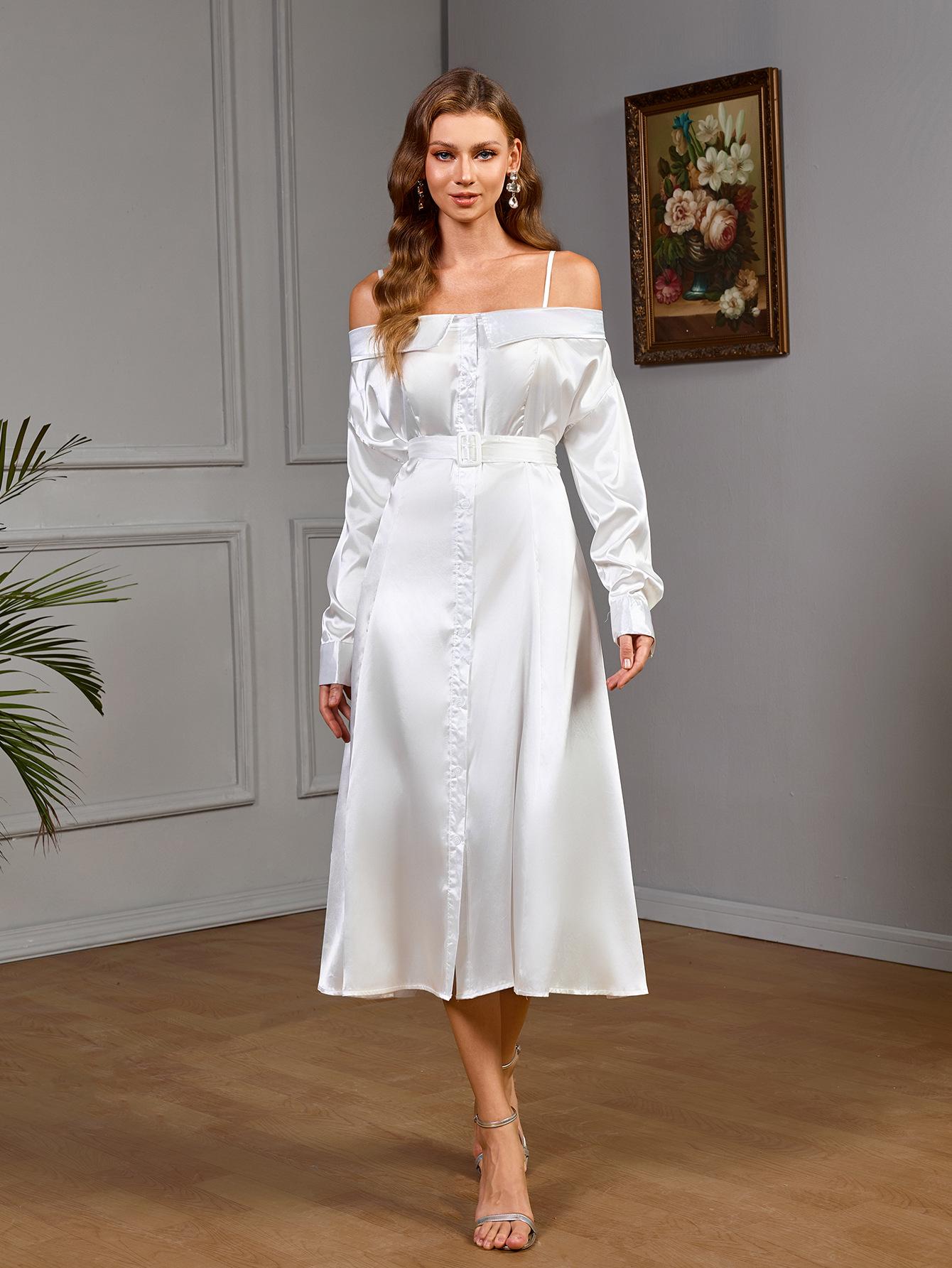 

Elegant White French Long-Sleeve Belted Dress L