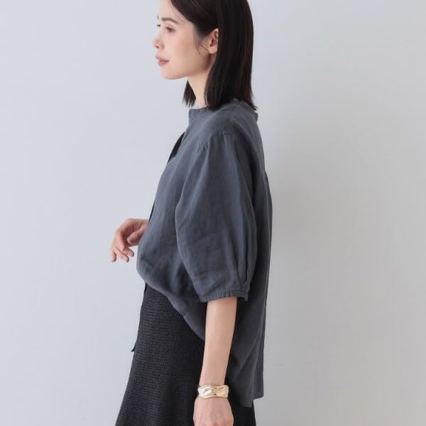 INDIVI Year Sleeve Band Collar Blouse 12782403 Navy Size 38 Shirt/Blouse [Every Popular!/French Linen] 5/8 Women's (094) (M)