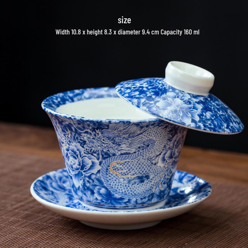 Blue & White Porcelain Covered Kung Fu Tea Bowl - Large Ceramic Sancai Household Set