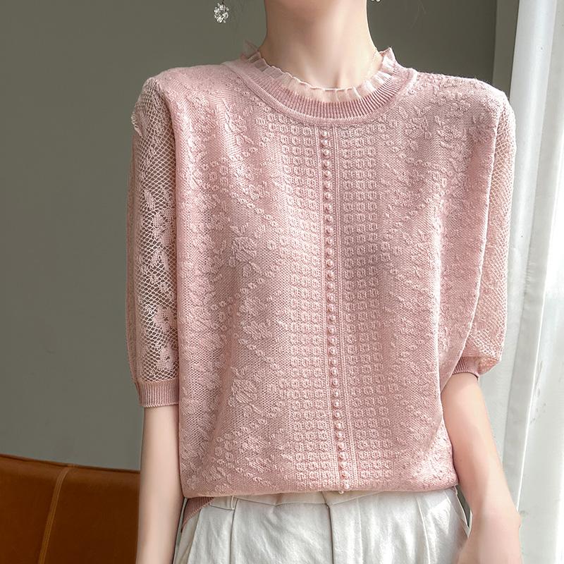 Zomerse kant opengewerkte gebreide korte mouwen dames ronde hals blouse met vijf mouwen losse parel halve mouw T-shirt