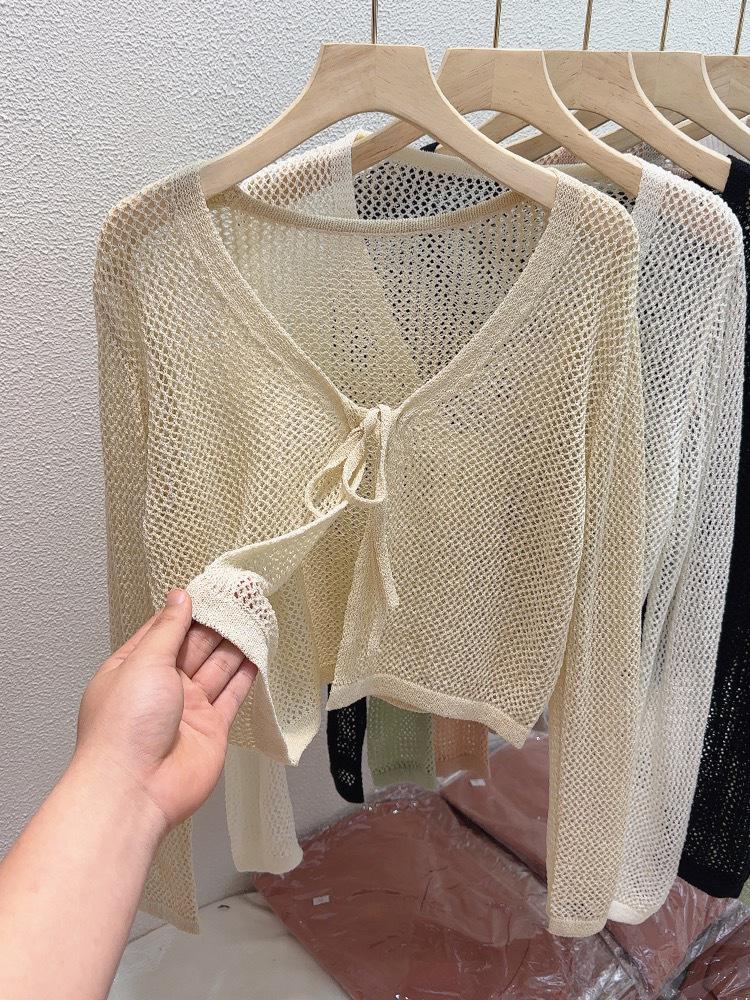 Women's V-Neck Openwork Knit Tie-Up Cardigan - Lightweight Summer Sun Protection Long-Sleeve Top