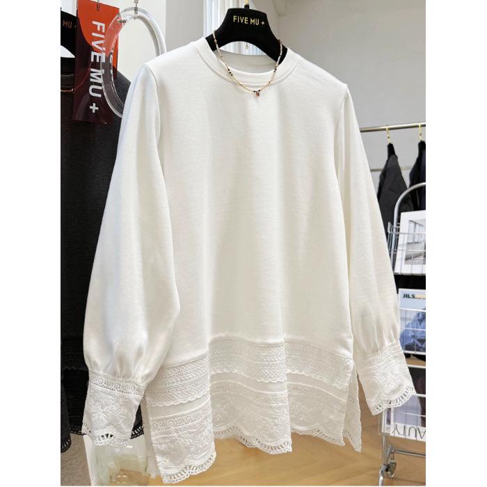 

Plus Size 240 Jin Korean Style Hollow Lace Patchwork Long Sleeve T-shirt - Autumn Winter New Arrival M (90-120 jin)