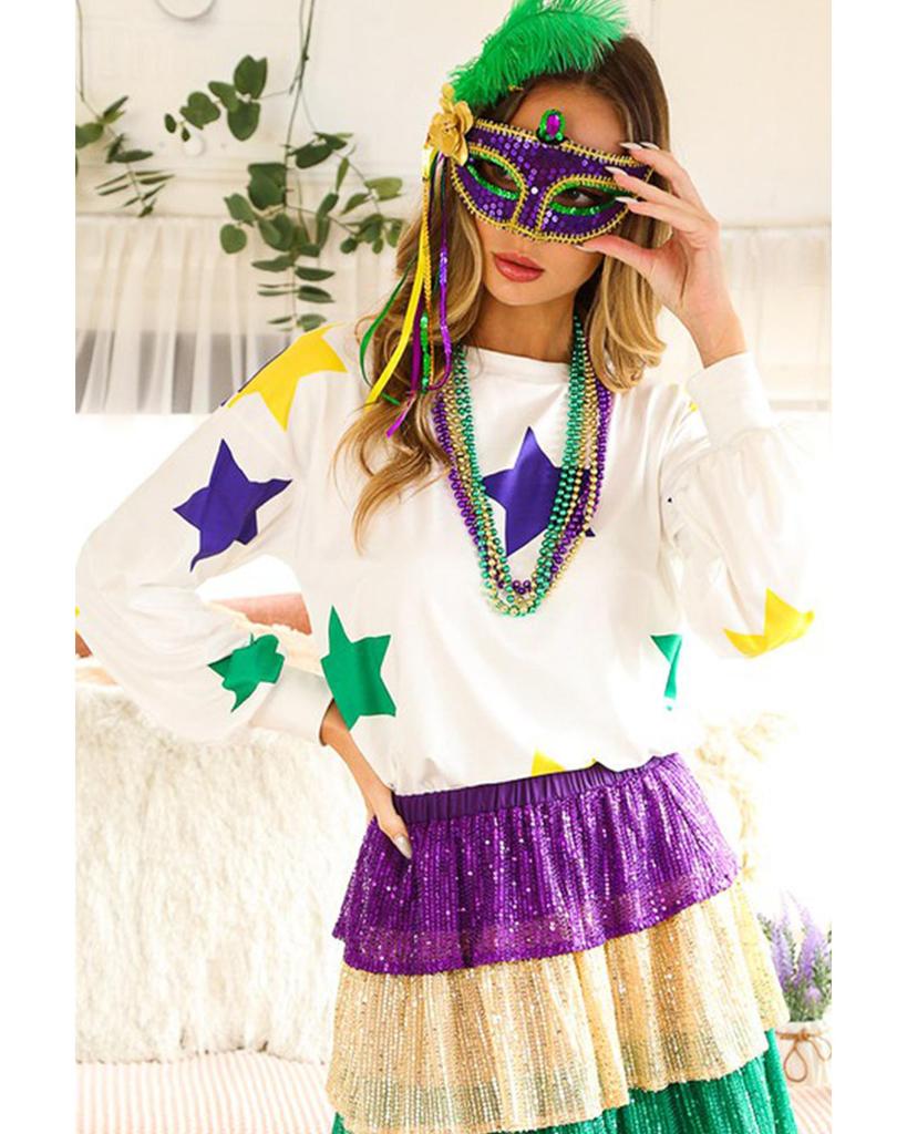 Azura Exchange White Mardi Gras Star Printed Long Sleeve Top