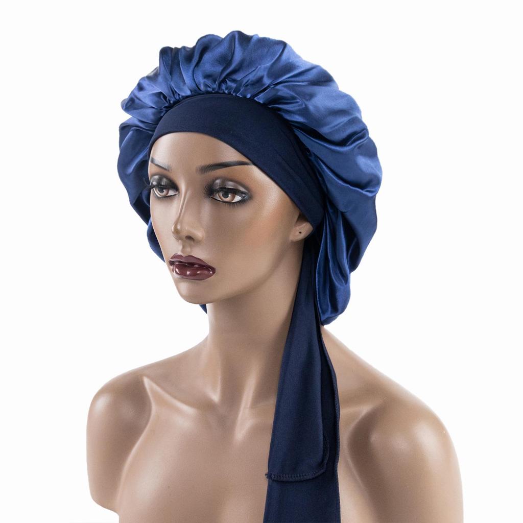Satin Nightcap with Wide Elastic and Long Tail - Extra Large Women's Ribbon Shower Hat
