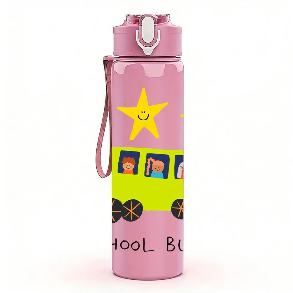 1PC School Bus Star Print 750ml Color Plastic Sports Water Bottle Leakproof Flip Straw Lid Suitable for Sports Office Home Use
