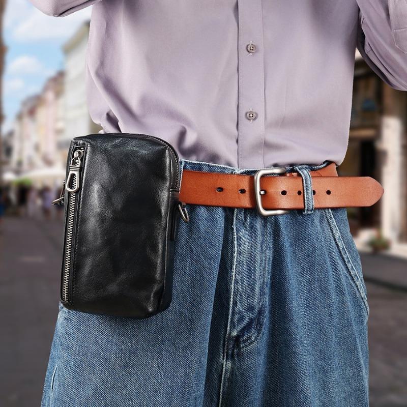 Genuine Leather Men's Bag Mobile Phone Bag Sports Waist Bag Vegetable-tanned Leather Men's Crossbody Bag