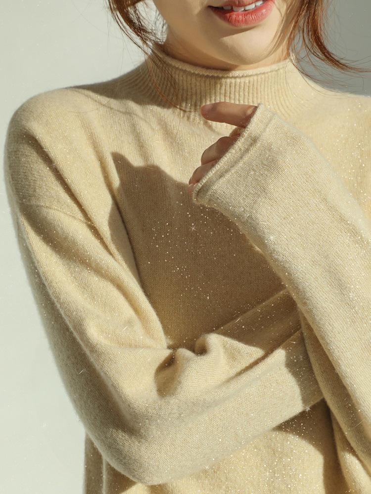 Gold & Silver Thread Half-High Collar 100% Pure Wool Sweater: Loose, Soft Red New Year Knitwear