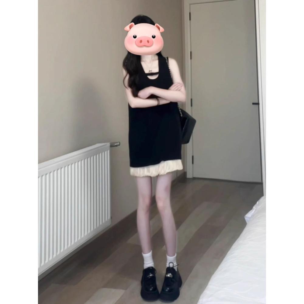 Little black dress, miu series spliced A-line short skirt, temperament, sleeveless vest dress, women's summer