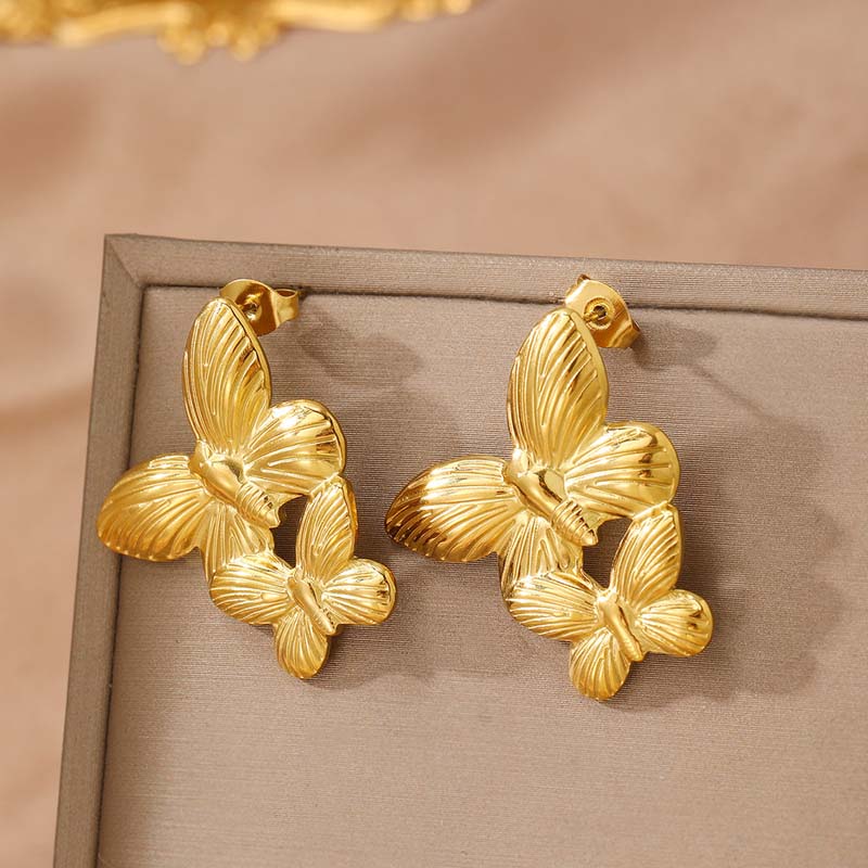 Stainless Steel Gold Color Butterfly Tassel Pendant Earrings For Women Vintage Metal Long Chain Drop Earrings Zircon Gifts