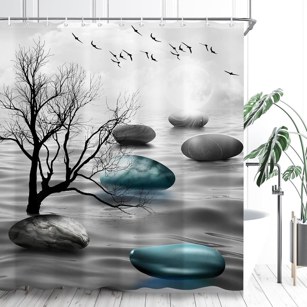 Spa Modern Shower Curtain Black White Blue Abstract Shower Curtain Set for Bathroom Tree Stone Men Waterproof Bathtub Curtain