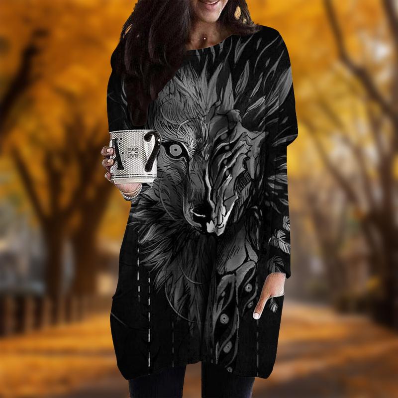 Новинка осени с принтом черепа лисы и большого размера платье для женщин с круглым — фото 5