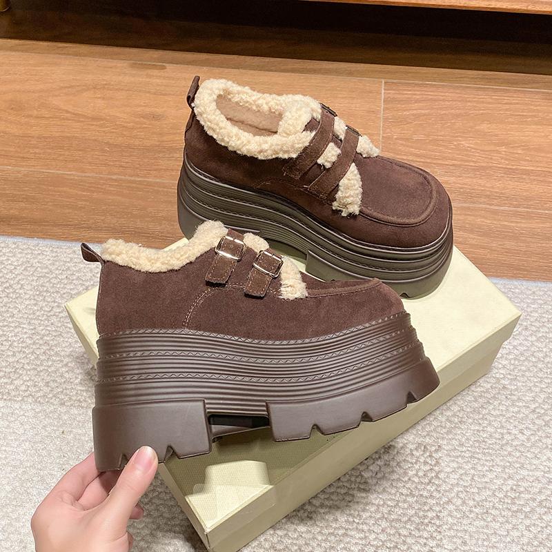New Winter Chunky Casual Snow Shoes Woman 10CM High Platform Wedge Heels Warm Fur Sneakers Fashion Women Buckle Leather Shoes