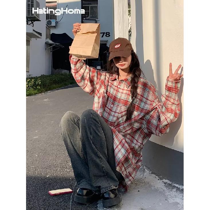 2024 Plaid Langarm Hemd Japanischen Hong Kong Stil Ins Lose Hemd Jungen Sommer Trendy Vielseitig Casual Mantel