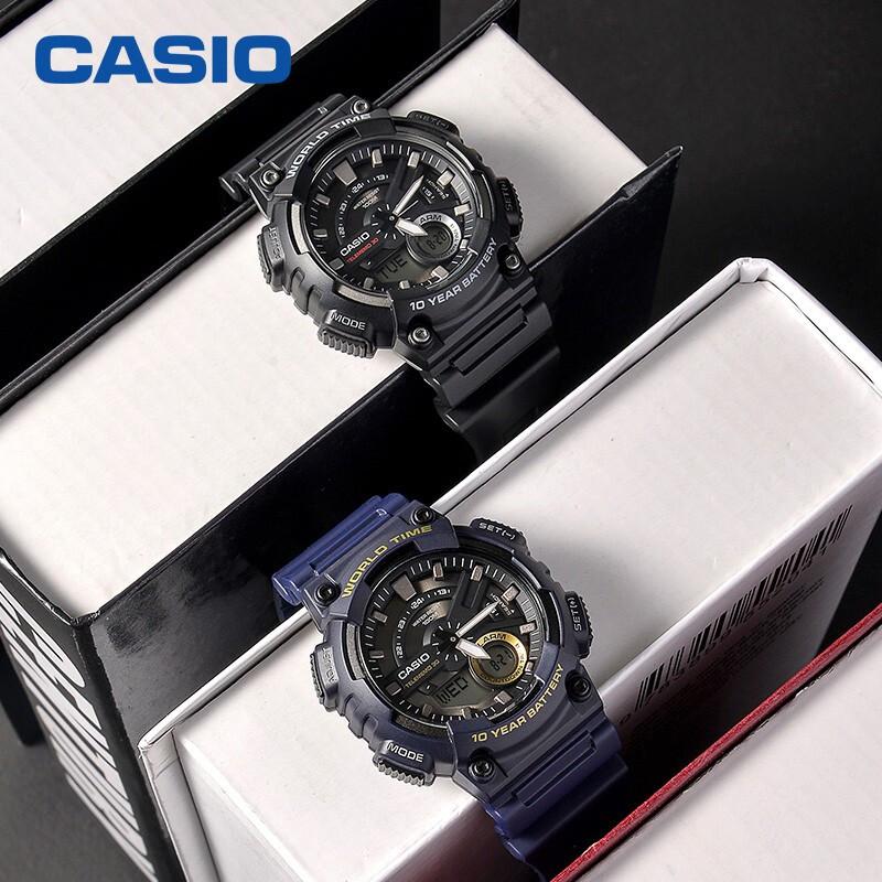 Casio Youth Series Round Dual Display Trendy Versatile Ten Year Battery Waterproof Quartz Movement Resin Strap Watch Men Watches Blue AEQ-110W-2AVDF