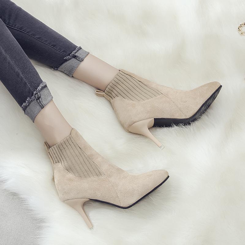 Women's Suede Round Toe Chunky Heel High-Heeled Ankle Boots, Elastic Sock, Nude, British Style.