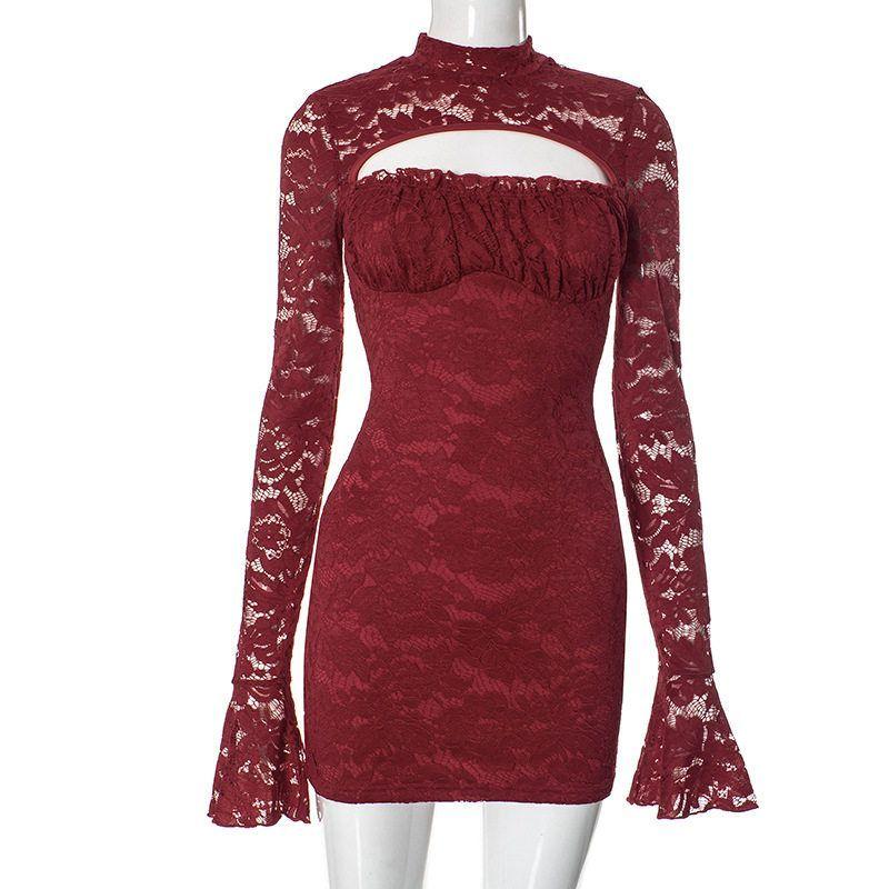 

Elsa European and American Women s Clothing Ins New Arrival Adult Lady like Woman Wind Lace Patchwork Chest Cut Out Bell Sleeve Sexy Hip Skirt Women Burgundy L