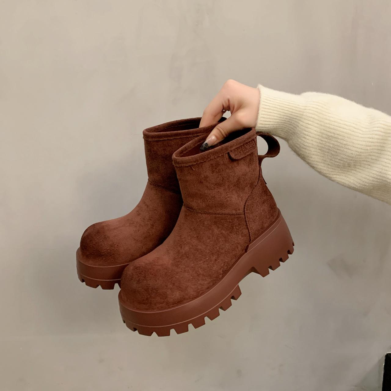 

Замшевые женские ботильоны на платформе, дизайнерские короткие плюшевые туфли на толстом среднем каблуке, тренд 2025 года, новые теплые туфли-лодочки Botas De Mujer 35