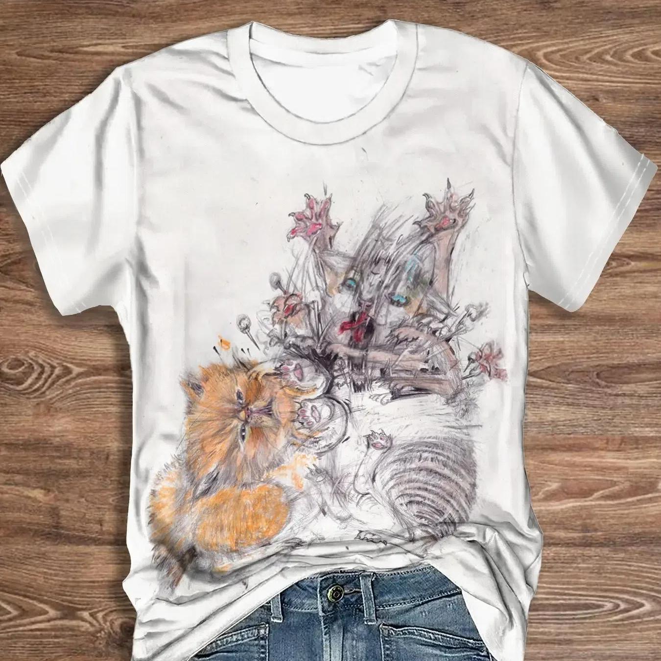 

Новая женская футболка с принтом кота из мультфильма, винтажный топ больших размеров, кавайная женская трендовая одежда, модная рубашка с короткими рукавами, футболка с круглым вырезом 8XL