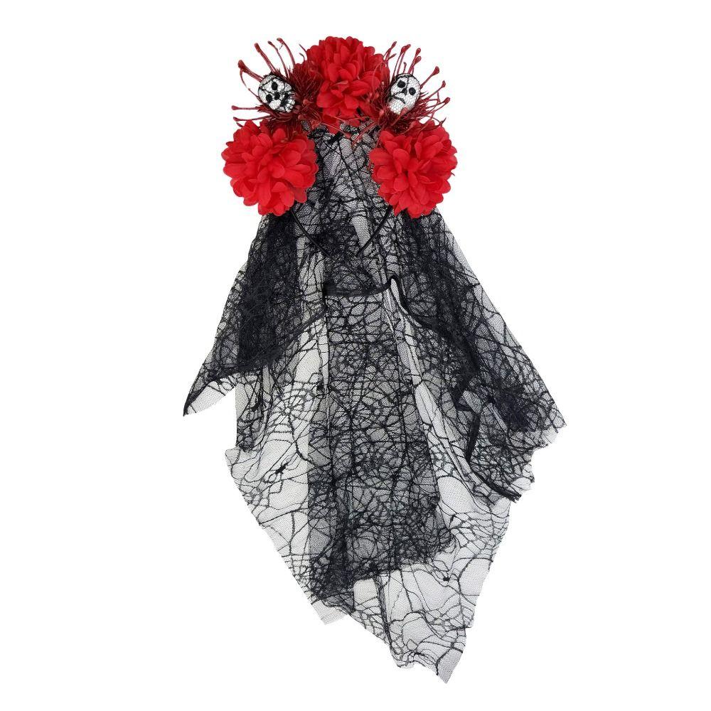 Sheer Mesh Skull Headband Dark Purple Skull Headwear Stylish Floral Veil Headband Halloween Party