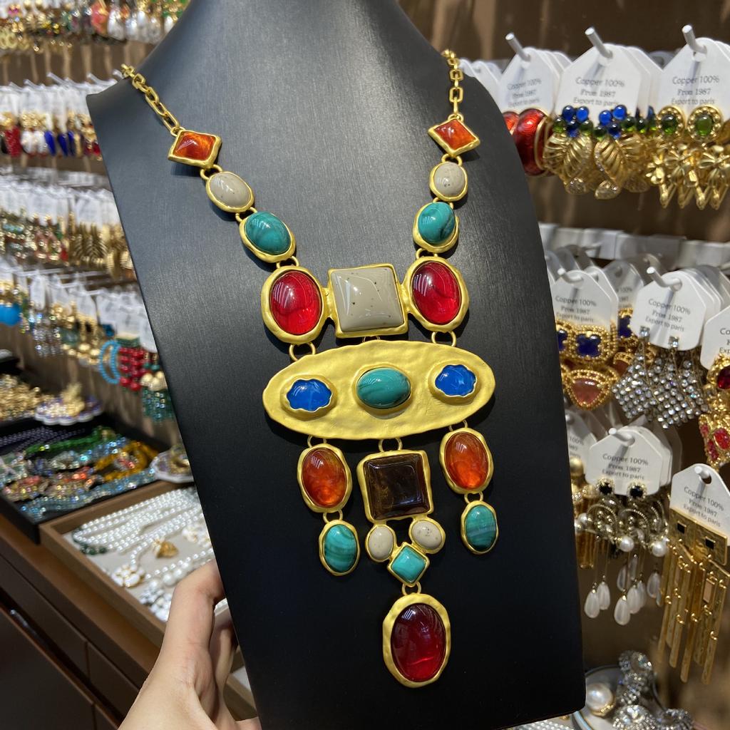 Wind Za Same Baroque Style Geometric Colored Gemstone Long Necklace Retro Court Style Sweater Chain