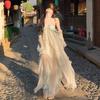 Summer Island Style Print Thin Super Fairy Long Dress Vacation Style Backless Suspender Skirt Atmosphere Fairy Dress