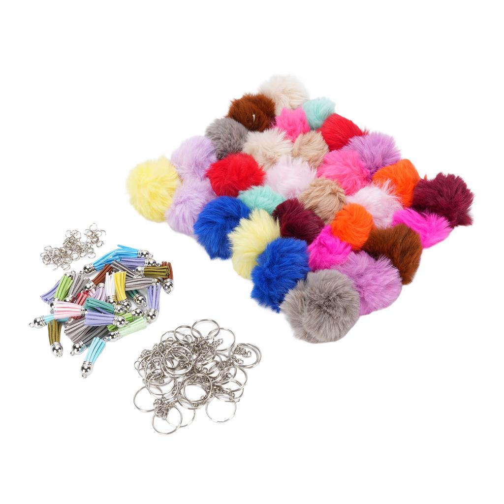 30 Set Puff Ball Keychain Accessories with Tassels Keyrings Open Rings Multicolor Faux Rabbit Fur