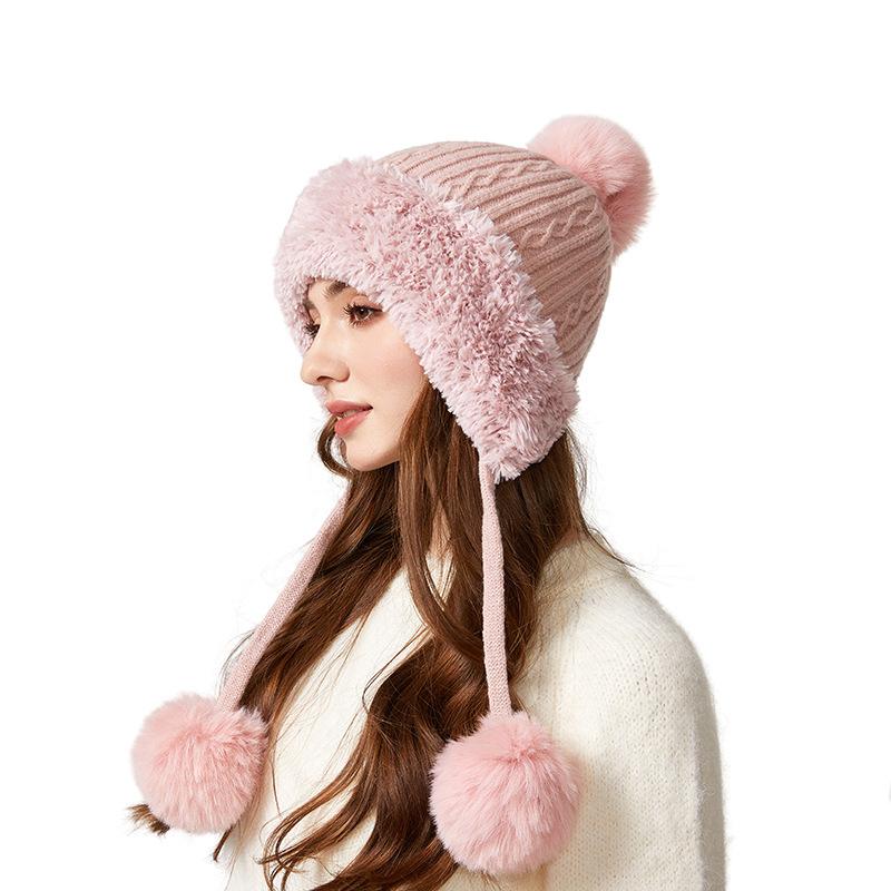Winter Thick Ear Protection Knitted Cap Outdoor Windproof Velvet Three-Hair Ball Tether Warm Cap