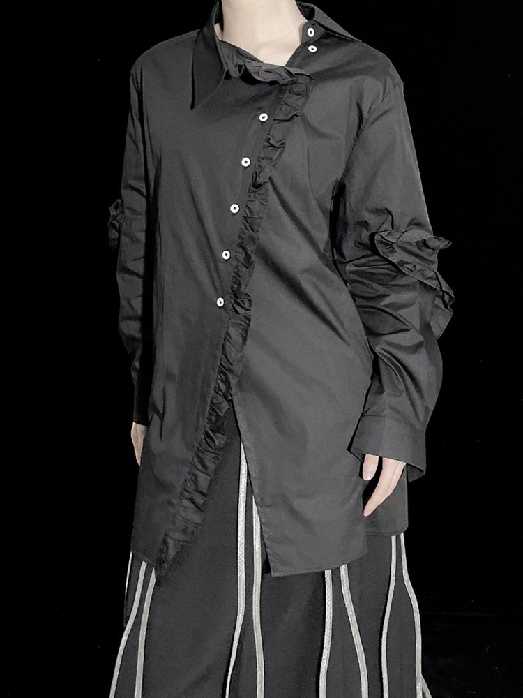 Xitao Edible Tree Fungus Single Breasted Women Shirt Solid Color Turn-down Collar Asymmetrical Split Shirt 2024 Autumn HQQ2392