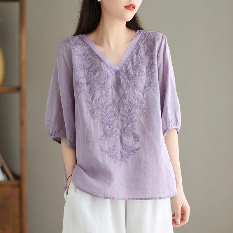 Women's Summer 2024 V-Neck Embroidered Three-Quarter Sleeve Cotton Linen Shirt