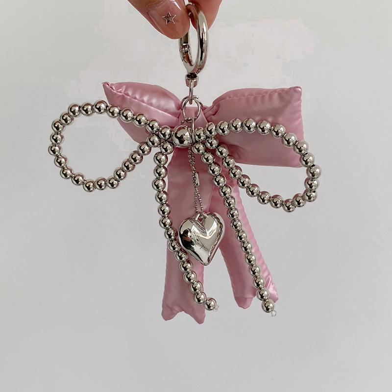 Y2K Style Heart Beaded Bow Bag Charm Creative Pendant Keychain for Girls Fashion Bag Accessory розовый