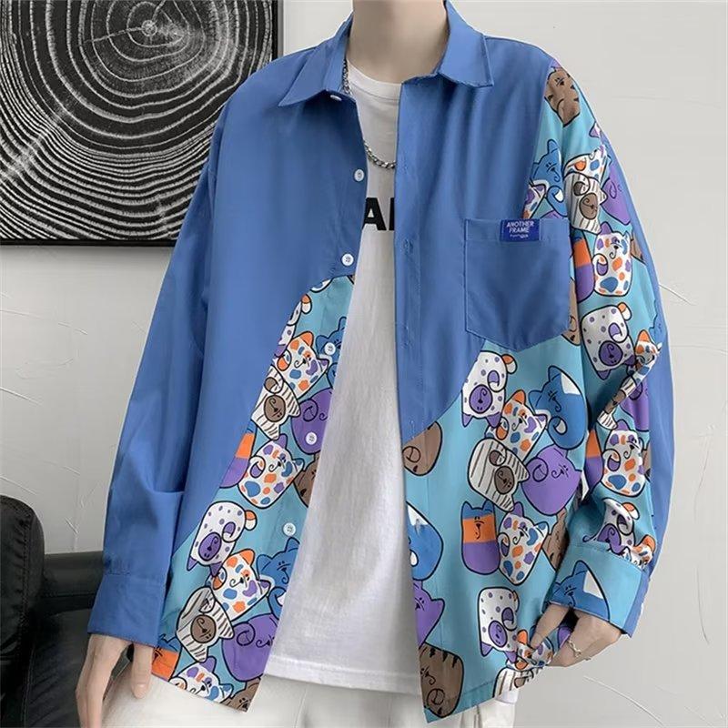 Spring and Autumn Cartoon Stitching Long-Sleeved Shirt Men's BF Loose Korean Style Couple Harajuku Style National Fashion Cardigan Jacket