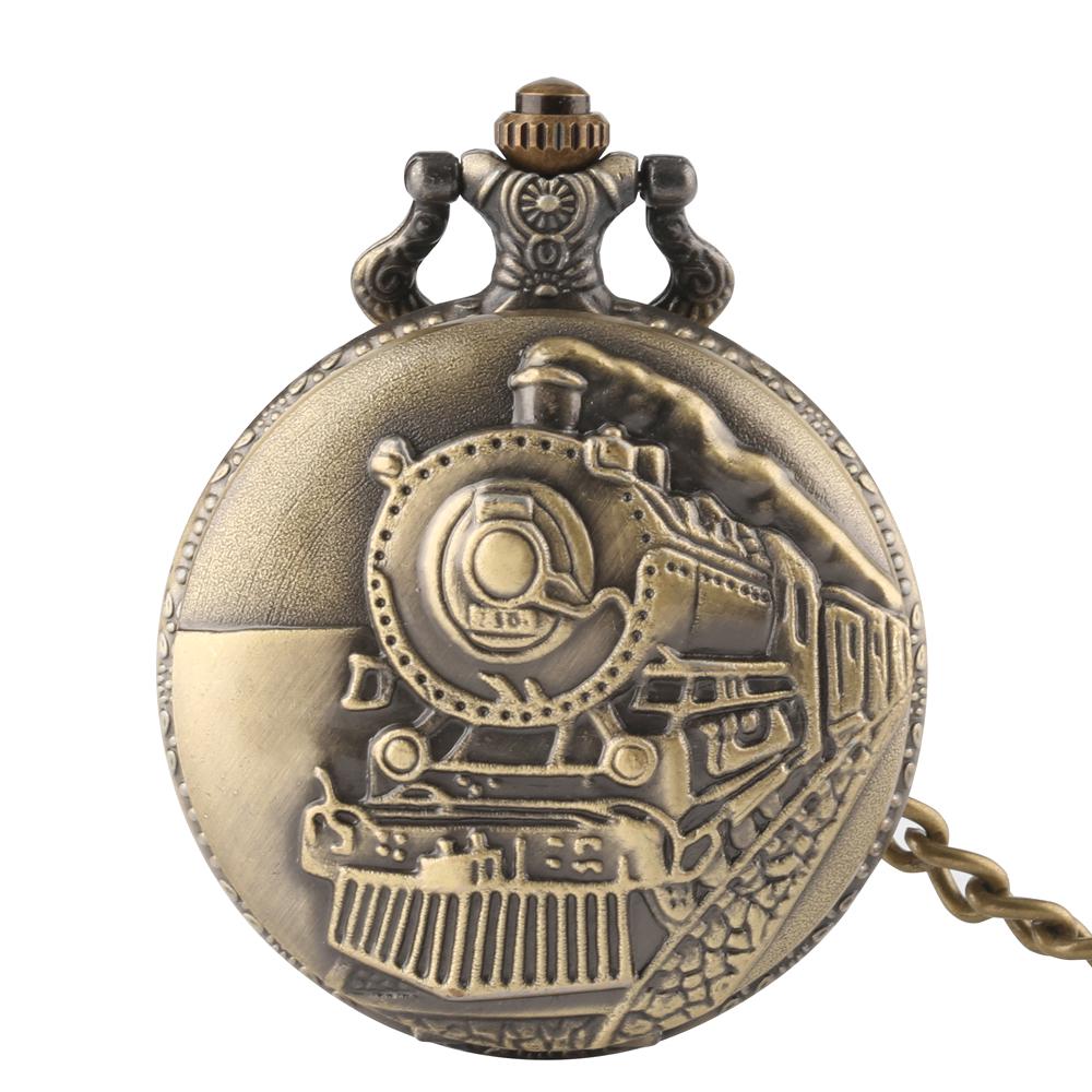 

LED Flash Luminous Vintage Dial Quartz Pocket Watch Chain Bronze Carved Steam Train Steampunk Motor Railway Retro FOB Clock Hour